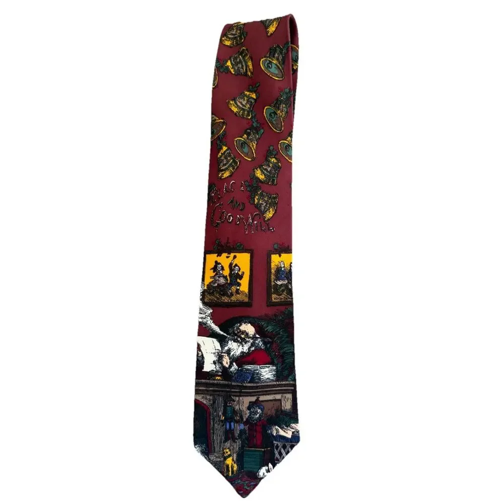 Vintage Viaggio Old St Nick Silk Novelty Christmas Neck Tie Santa Bells Burgandy